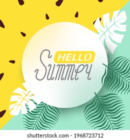 Fondo tropical de verano. Marco de degradado colorido con espacio para texto. Plantilla de cartel con hojas de palma y elementos de playa de verano. Ilustración vectorial.