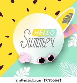 Tropical Summer Background. Colorful gradient frame with space for text. Poster template with palm leaves and summer beach elements. Vector Illustration.