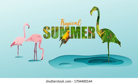 Tropical, Summer background, Concept of conservation of nature, flamingos and wildlife, Vector illustration and paper art with digital craft style.
