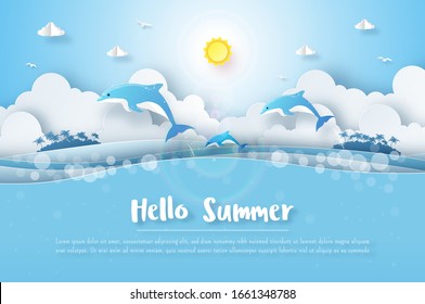 Tropical summer background, Dolphin in the ocean with copy space, Paper cut style