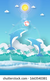 Tropical summer background, Dolphin playing ball in the ocean , Paper cut style