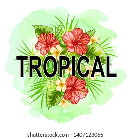 Tropical summer background with green palm leaves, red flowers and watercolor texture. Vector illustration