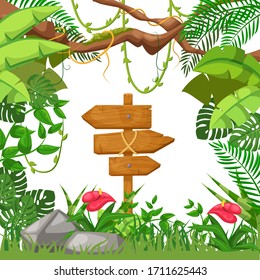 Tropical summer background with jungle plants. Liana branches frames and rainforest tropical leaves flowers. Wooden sign boards retro wooden arrow with chains ropes cartoon vector