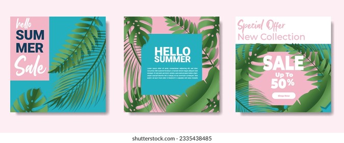 Tropical Summer background layout banner design with Paper Cut art vector. soft color pink and blue with green leave realistic and copy text. Design template for sale, social media, header, cover