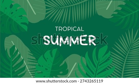 Tropical summer background with tropical leaves, flower and fruits. Modern minimalist summer design.