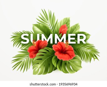 Tropical summer background. Tropical palm leaves, monstera with hibiscus flowers and Summer lettering. Vector illustration EPS10