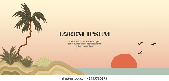 Tropical summer  background with palms, sun and beach. Sea placard poster flyer invitation card. Summertime