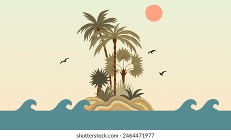 Tropical summer background with palms, waves and island. Summer placard poster flyer invitation card. Hello summer	