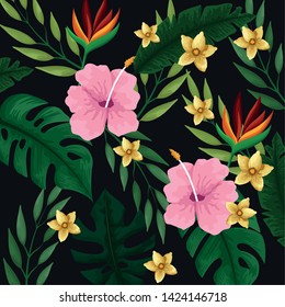 Tropical summer background pattern, leaves and flowers. vector illustration
