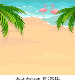 Tropical summer background. Sand beach, sea, palm, flamingo. Flat vector illustration.