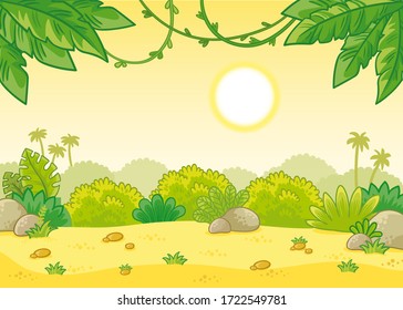 Tropical summer background with the scorching sun. Vector illustration in cartoon style with vines and a sand glade.