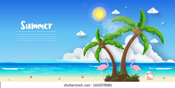 Tropical summer banner background, Colorful clear sky and flamingo on the beach with copy space, Paper cut style