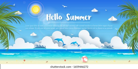 Tropical summer banner background, Colorful clear sky and dolphin in the ocean with copy space, Paper cut style