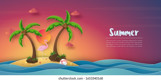 Fondo tropical de banner de verano, cielo colorido de atardecer y flamingo en la isla con espacio para copiar, estilo de corte de papel