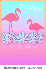 Tropical Summer banner, backgrounds set with palms leaves and Flamingo.