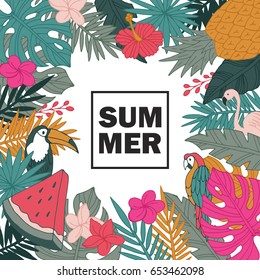 Tropical summer banner design. Background with hand drawing vector elements