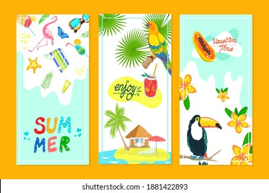 Tropical summer banner design, vector illustration. Vacation at beach, travel background set and holiday season tourism. Sea nature poster, exotic palm with ocean card element concept.