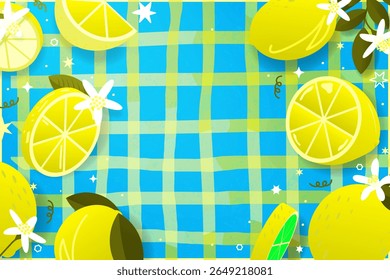 Banner de verão tropical com limões flutuantes e flores de limão no fundo quadriculado azul com luz solar forte, copiar espaço no centro. Modelo de banner de citrinos. Ilustração de vetor. 