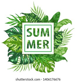 Tropical summer banner with green palm leaves and text on a white background. Hand drawn vector illustration