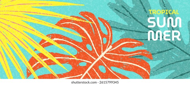 Tropical summer banner, horizontal background with bright abstract plants. Vector modern illustration with monstera, palm leaves. Template for poster, sale, cover