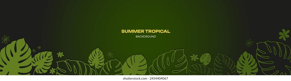 Tropical summer banner with monstera leaves. Vector illustration in a green background