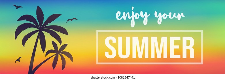 Tropical summer - banner with palm and text. Vector.