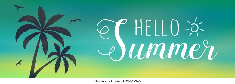 Tropical summer - banner with palm and text. Vector.