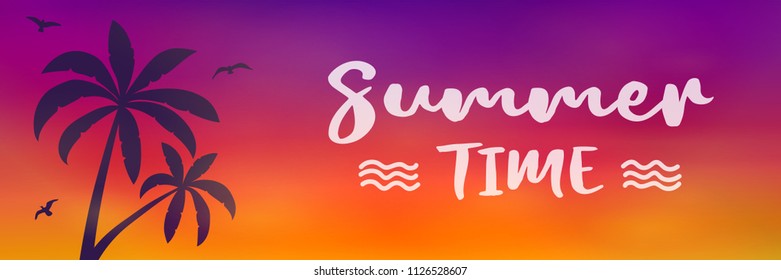 Tropical summer - banner with palm and text. Vector.