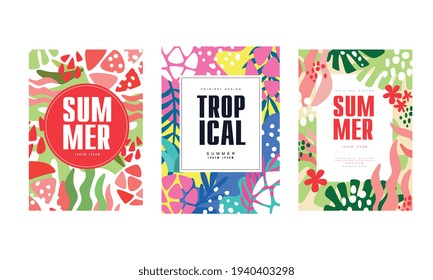 Tropical Summer Banner Set, Poster, Card, Background, Flyer, Invitation with Exotic Floral Seamless Pattern Design Vector Illustration
