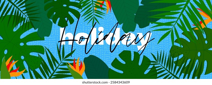 Tropical summer banner showcasing lush palm foliage, vibrant leaves and exotic plants in bright design. Perfect for promoting vacation, parties or botanical themed events. Modern graphic style.
