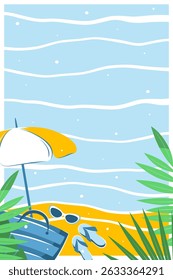 Tropical summer banner with space to add text. Beach accessories, sunglasses, beach bag, umbrella. Tourism concept, travel and adventure, vacation. Vector illustration for poster, cover, sales

