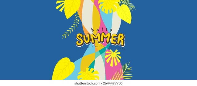 Tropical summer banner with yellow leaves on teal background and handwritten hello summer text Perfect for seasonal promotions posters or social media posts
