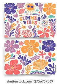 Tropical summer banners. Groovy tropical backgrounds. Seaweed, shells, flowers, coral, sun. Beach elements set