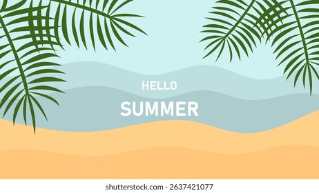 Tropical summer beach background with palm leaves and ocean waves. Flat vector illustration for seasonal banners, travel ads, vacation posters, invitations, or summer events.