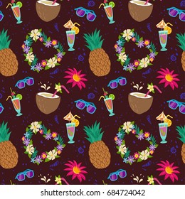 Tropical Summer Beach Drawn Cartoon Pattern with Pineapple, Cocktails and Exotic Flowers