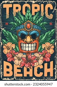 Tropical summer beach flyer colorful with tiki mask showing teeth and exotic flowers near palm petals vector illustration