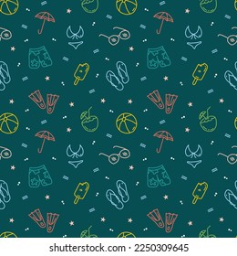 Tropical Summer Beach Holiday Icons Seamless Pattern Monoline Design for Apparel