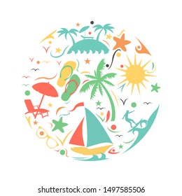 Tropical summer beach icon concept. surf, umbrella, palm, starfish in round form with decoration. Beach summer icon illustration. Good for traveling banner, site and vacation advertising.