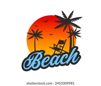 Tropical summer beach icon with palm trees and daybed at seaside with sun and flying gulls in bright dusk sky. Isolated vector emblem for summer travel, vacation or holiday time on paradise island