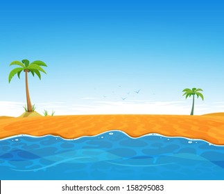 Tropical Summer Beach/ Illustration of a cartoon summer season ocean beach with beautiful sky background