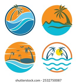 Ícone de logotipo de praia tropical de verão com palmeiras