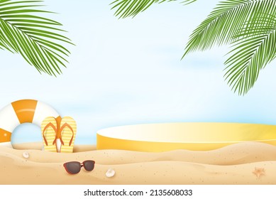 Tropical summer beach mock up background with podium for product display