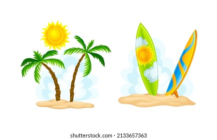 Tropical summer beach with palm trees and surfboard vector illustration