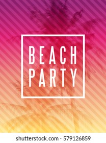 Tropical summer beach party poster design. Illustration of palm trees with halftone effect on striped colorful sunset background