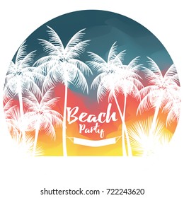 Tropical Summer Beach Party Poster with Palm Tree and Hammock - Vector Illustration