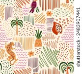 Tropical summer beach patchwork seamless pattern. Vector jungle palm tree, leopard, doodle elements, stripes, polka dots, toucan bird, pineapple. Cute exotic print, hawaii background, wallpaper.