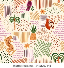 Tropical summer beach patchwork seamless pattern. Vector jungle palm tree, leopard, doodle elements, stripes, polka dots, toucan bird, pineapple. Cute exotic print, hawaii background, wallpaper.