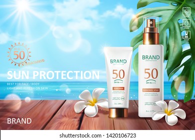 Tropical summer beach and plants with sunscreen product, 3d illustration