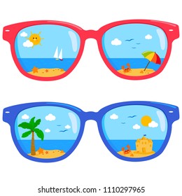 Tropical summer beach scenes reflected in colorful sunglasses. Vector illustration.