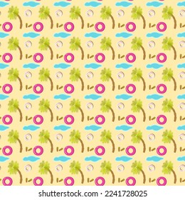 Tropical summer beach seamless pattern on a yellow sand background with cloud, palm tree, flip flops,  inflatable rings